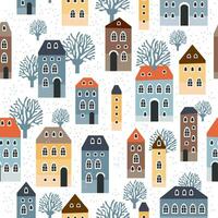 Christmas seamless pattern with winter houses, trees and other elements. vector