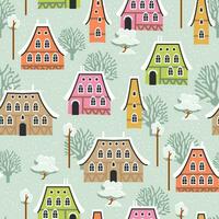 Christmas seamless pattern with winter houses, trees and other elements. vector