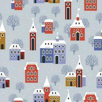 Christmas seamless pattern with winter houses, trees and other elements. vector