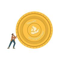 A man pushes an Opensea gold coin, a development of the NFT. A platform for the sale of NFT art. Marketplace for non-fungible tokens. Icon vector