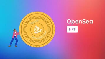 Opensea, NFT development banner. Platform for selling NFT art. Marketplace for non-fungible tokens. A man pushes an Opensea gold coin vector