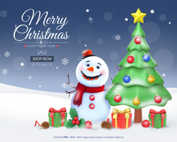 Merry Christmas Sale Template With 3D Rendering Christmas Tree With Snowman And Christmas Elements psd