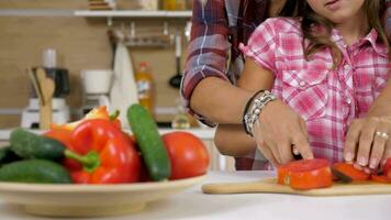 cerca arriba 4k imágenes de madre ayuda joven hija a cortar un tomate para ensalada video