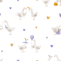 Birthday seamless pattern with a cute duck. Birthday pattern with gift boxes and garlands, air balloon. Newborn endless background png