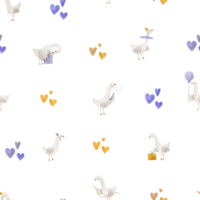 Birthday seamless pattern with a funny ducks in a cone with gift boxes and garlands. Purple and yellow hearts.  Hand drawn cartoon in a limited palette. Ideal for newborn  textile and clothing png