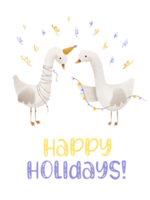 Greeting card for winter holidays. Cute cartoon Geese with garlands. Isolated illustration for children's party. Vertical postcard banner. Hand drawn modern kid style png