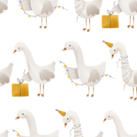 Ducks are preparing for a birthday party seamless pattern. Hand drawn illustration of cute characters gift boxes and light bulbs garland.  Simple kids illustration on isolated background png