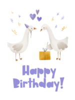 Birthday card with animals. Geese open gift boxes. Isolated illustration for children's party. Vertical postcard banner. Hand drawn modern kid style png