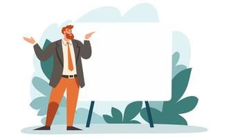 Flat vector illustration. A man in a suit gesticulating and telling something, making a presentation. Large banner and space for your text on it