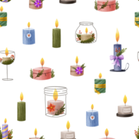 Christmas seamless background with burning candles. Winter aromatherapy. Cozy seamless pattern with wax and soy candles png