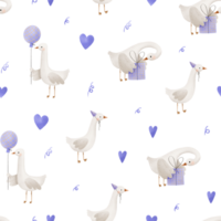 Simple Birthday pattern with duck. Duck Unpacking gift boxes and hold air balloon. Seamless background in limited violet and white palette. Perfect for Newborn textile and clothing png