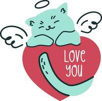 Vector illustration in doodle style. Cute kitten with wings sleeping on a big heart. Inscription love you