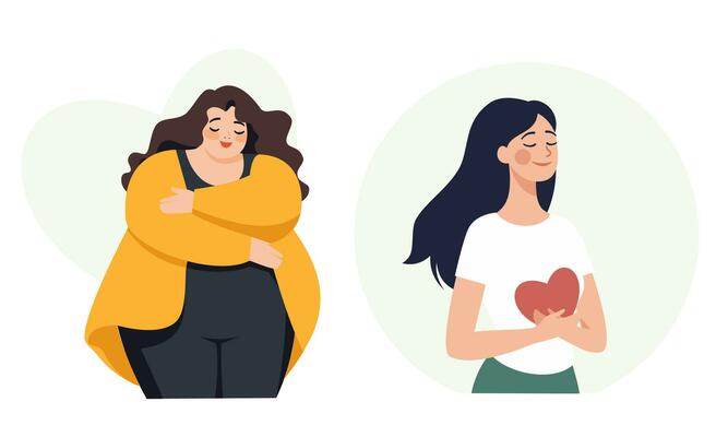 Set of flat vector illustration about self love. Plus size girl plus size girl website and skinny girl love and accept her body. Concept of self acceptance and self love