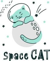 Vector set for printing on children's products. An astronaut cat hugs the moon and sleeps on it. Space cat inscription