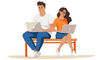 Flat vector illustration. Young people girl and guy working with laptops at home.