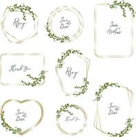 Vector set with gold frames and sprigs of green plants. Frames on white background for holiday design.