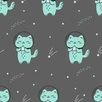 Seamless vector pattern on white background. Cute cat in a spacesuit holding a star in his paws.