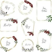 Vector set of golden frames with different berries. Festive templates for wedding design