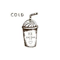 Hand drawn vintage cold coffee with a straw. Vector illustration. Take ice coffee and take-away coffee with you. Pencil drawn in vintage engraving style. Separately on a white background.