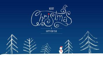 Merry Christmas banner or card. Happy new year Template with white christmas balls and hand-drawn inscription on classic blue background. Horizontal christmas poster, greeting cards, vector