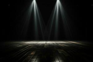 AI generated An empty room for a performance in the rays of spotlights and wooden floor. Generated by artificial intelligence photo