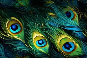 AI generated Colorful feathers, peacock feather pattern. Bright background photo