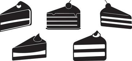 Set of black and white cake slices. Cake slice icons. Cake slice silhouettes. Slices of cake. Vector illustration