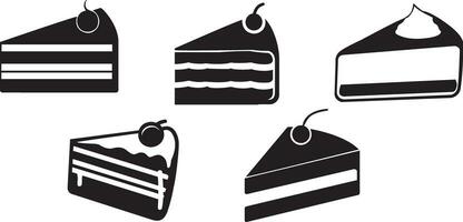 Set of black and white cake slices. Cake slice icons. Cake slice silhouettes. Slices of cake. Vector illustration