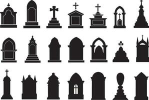 Set of tombstone silhouettes. Tombstone icons set. Flat black vector design.