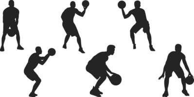 un baloncesto jugador siluetas un baloncesto jugador negro plano íconos colocar. vector ilustración