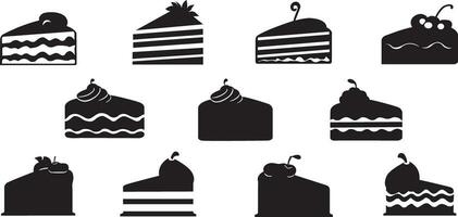 Set of black and white cake slices. Cake slice icons. Cake slice silhouettes. Slices of cake. Vector illustration