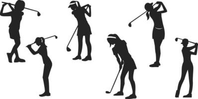 un joven mujer jugando golf silueta vector