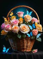 AI generated Photo of the basket with pastel colors roses and butterflies