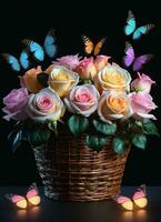 AI generated Photo of the basket with pastel colors roses and butterflies