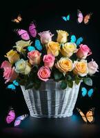 AI generated Photo of the basket with pastel colors roses and butterflies