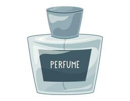 Glass elegant bottle of fragrant perfume. Vector isolated cartoon blue eau de parfum.