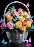 AI generated Photo of the basket with pastel colors roses and butterflies