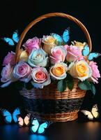 AI generated Photo of the basket with pastel colors roses and butterflies