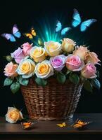 AI generated Photo of the basket with pastel colors roses and butterflies