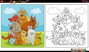 cartoon cats and dogs animal characters group coloring page vector