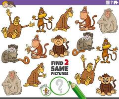 encontrar dos mismo dibujos animados monos animales educativo actividad vector