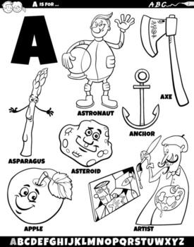Letter A set with cartoon objects and characters coloring page vector
