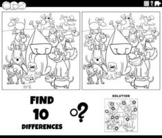 differences game with cartoon playful dogs coloring page vector