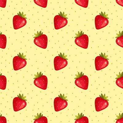 Strawberry pattern, Red seamless strawberries, light background with small polka dots with strawberries, Love cards with strawberry wallpaper, Vector illustration. Texture for fabric, packaging.