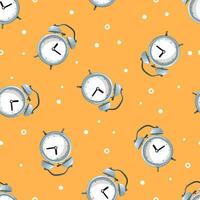 Pattern with alarm clocks. Seamless pattern. Cute blue clocks or alarm clocks on a yellow background. Back to school. Time to wake up, deadlines. Flat illustration, posters and postcards. vector