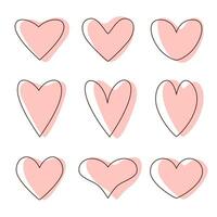 rosado corazones con acuarela lugares, diferente formas San Valentín día. dibujo con un línea. elementos de un fiesta tarjeta, romántico, Boda diseño. un símbolo de amor. vector
