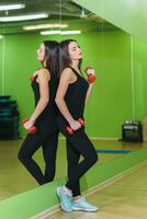 girl doing exercises with dumbbells at the mirror photo