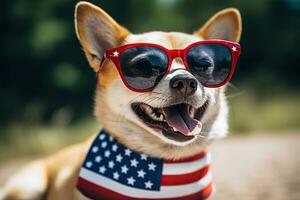 AI generated French bulldog dog with a bandage around its neck on the background of the US flag. Elections, US Independence Day. Patriotic dog. Generative AI photo