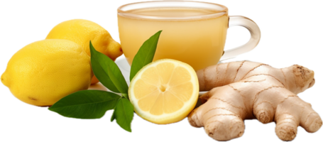 AI generated fresh ginger roots lemon and cup of tea png