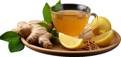AI generated fresh ginger roots lemon and cup of tea png
